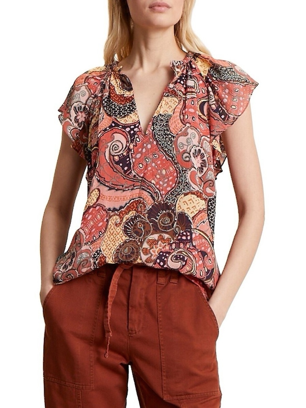 ALC June Silk Flutter Sleeve V-Neck Retro Paisley Floral Pattern Blouse EUC Sz 4